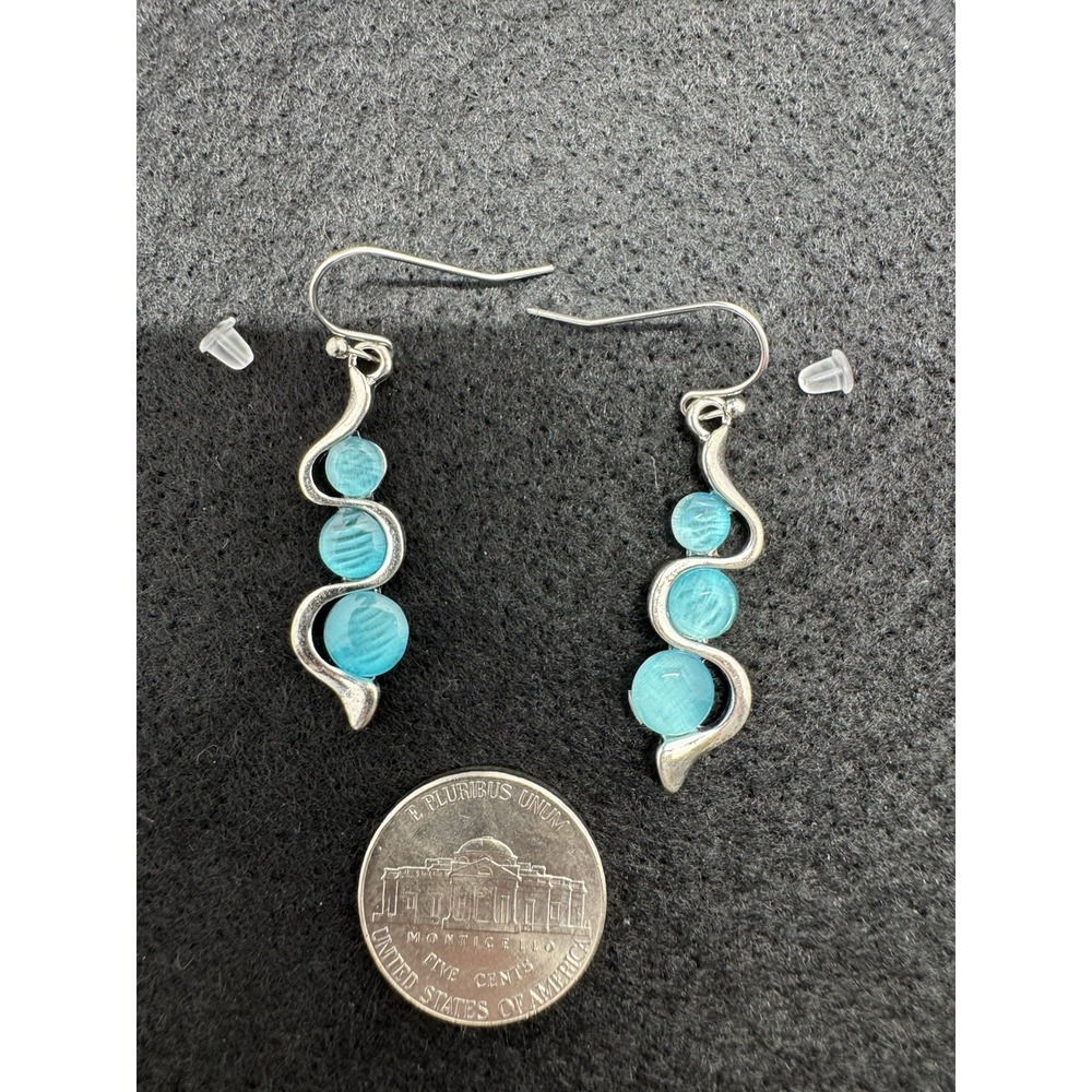 Aqua Blue Cat Eye Bead Drop Earrings Silver Tone Swirl Fish Hook New